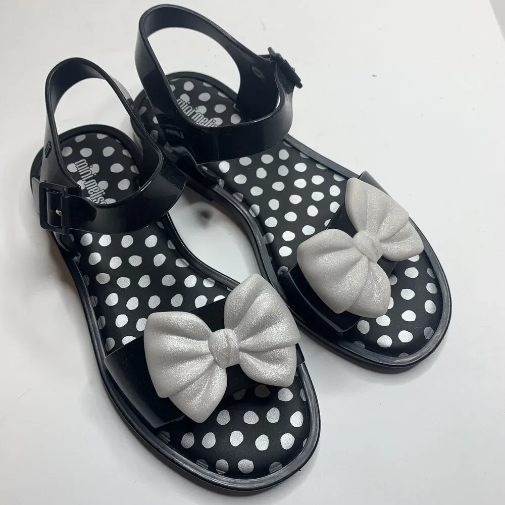 MINI MELISSA Mar Princess Black Silver Bow Jelly Sandals Big Girls Size 3